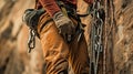 Male rock climber with climbing equipment holding rope ready to start climbing the route