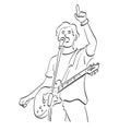 Male rocker singer with electric guitar pointing up illustration vector hand drawn isolated on white background line art Royalty Free Stock Photo