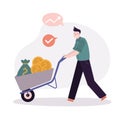 Male rolls cart with gold coins. Employee rolling cart with money. Businessman invest or save money. Concept of Royalty Free Stock Photo