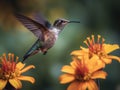 Male Ruby-throated Hummingbird in flight with yellow flowers in the background Made with Generative AI Royalty Free Stock Photo