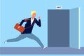 Male run to exit. Businessman fast moving to opening door evacuation or emergency escape out from office place vector