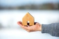 MaleÃÂ´s Hand holding a wooden house, planning for the future, real estate