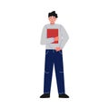 Male School Student, Smiling Teenage Boy Character Standing with Book Vector Illustration