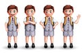 Male school students vector characters set. Boy 3d student standing in uniform with waving, smiling and sad gesture.