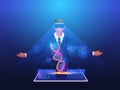 Male Scientist Analyzing And Interacting With 3D Rotating DNA Molecule Hologram On Blue Digital Lines