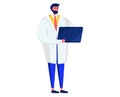 Male scientist with beard holding laptop, standing in lab coat. Professional researcher using computer. Modern