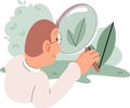 Male scientist, botanist studies and analyzes plant examining leaf through magnifying glass