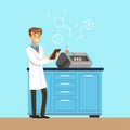 Male scientist conducting research in a laboratory with an reaction chamber, interior of science laboratory, vector Royalty Free Stock Photo