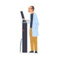 Male Scientist, Engineer or Programmer in White Coat Doing Researches with Laboratory Equipment in Science Lab Vector