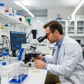 Male scientist in a modern laboratory setting observing through a microscope Royalty Free Stock Photo