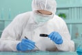 Male Scientist in PPE Suit working in Lab while Using Magnifying glass Checking Sample in Sampling Plate. Royalty Free Stock Photo