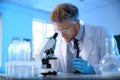 Male scientist using modern microscope in laboratory