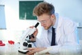 Male scientist using modern microscope in chemistry laboratory Royalty Free Stock Photo