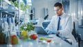 Male Scientist Working on a Laptop Computer, Making Analysis of a Lab-Grown Food with Microscope. Royalty Free Stock Photo