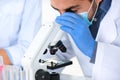 Male scientist working with microscope in laboratory, closeup.