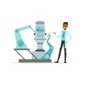 Male scientist working with robot conducting experiments in a modern laboratory vector illustration