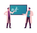 Male Scientists Characters Stand at Chalkboard Trying to Solve Formula or Equation in Quantum Mechanics Field