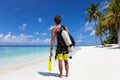 Male scuba diver is ready to go for a dive in the Maldives Royalty Free Stock Photo