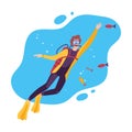 Male Scuba Diver Swimming under the Sea, Man Exploring Underwater Marine Life, Extreme Hobby or Sport Flat Vector