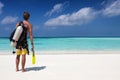 Male scuba diver on a tropical beach