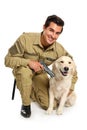 Male security guard in uniform with gun and police dog on white Royalty Free Stock Photo