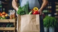 male seller hands holding a paper bag with vegetables in the market. delivery of healthy and fresh food. AI. Royalty Free Stock Photo