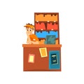 Male seller standing behind the counter of the bookstore cartoon vector Illustration on a white background
