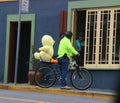 4/12/2020: Pacific Grove, CA. A cyclist with an Easter chicken on the back of his bike.