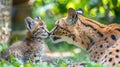 Male serval and kitten portrait with space for text, object on right side, perfect for descriptions