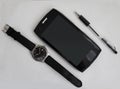 Male set, black pen, smartphone and clock