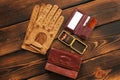 Male set. Leather gloves, matches, bag, hairbrush and mirror Royalty Free Stock Photo