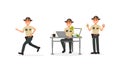 Male Sheriff in Police Uniform Running and Drinking Coffee with Doughnut Vector Illustration Set