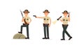 Male Sheriff in Police Uniform Standing with Pistol and Flashlight Vector Illustration Set