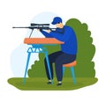 Male shooter aiming with sniper rifle on bench rest at outdoor range. Serious sportsman in shooting practice with