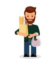 Male with shopping. Isolated character of a man with a bag of groceries