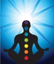 Male silhouette meditating with chakra