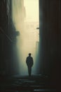 Male silhouette walking in a dark urban alley at night. Royalty Free Stock Photo