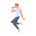 Male singer performing with microphone. Young man singing song and dancing cartoon vector illustration Royalty Free Stock Photo