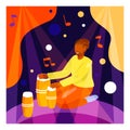 Male sitting on stage and playing on drums. Concept of creating music in African style