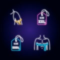 Male size labels and measurement neon light icons set