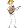 Male skeleton in yellow Mexican sombrero plays the guitar