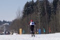 Male skier athletic men in winter forest free style during the world Cup ski racing