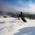 Male skier freeriding on wide open mountain slope. Skiing down between fir trees. Extreme, activity, thrill concept. Royalty Free Stock Photo