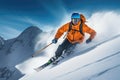 Male skier in helmet and goggles skiing downhill in high mountains, AI Generated