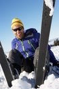 Male Skier Sitting In Snow After Falling