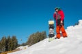 Snowboarder using smart phone in the mountains Royalty Free Stock Photo