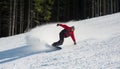 Male snowboarder slides down from the mountain