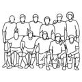 Male soccer football team taking photo vector illustration sketch doodle hand drawn with black lines isolated on white background