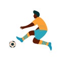 Male Soccer Player Kicking Ball, African American Male Footballer Character in Sports Uniform Vector Illustration