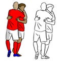 male soccer players celebrating goal with hug vector illustration sketch doodle hand drawn with black lines isolated on white